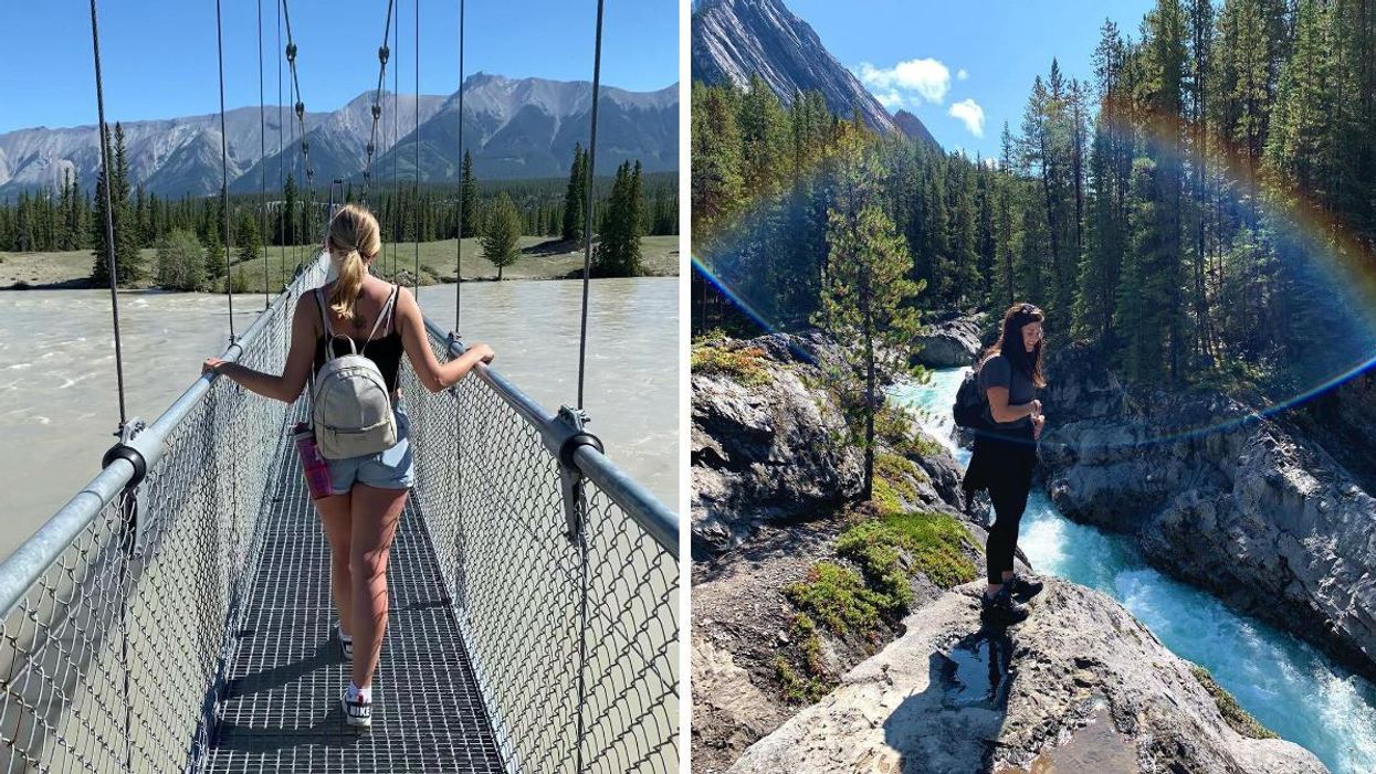 Someone crossing the suspension bridge at Siffleur Falls. Right: Someone by the river of the Siffleur Falls hike.