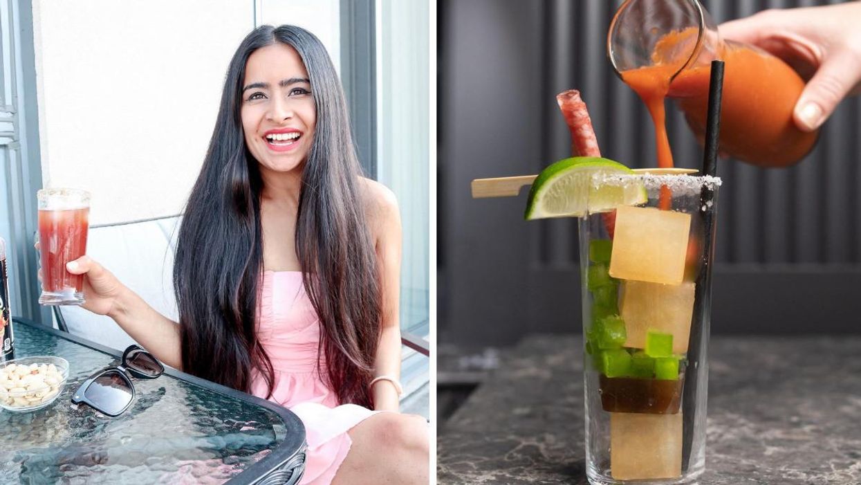 Someone drinking a Caesar. Right: A Caesar.