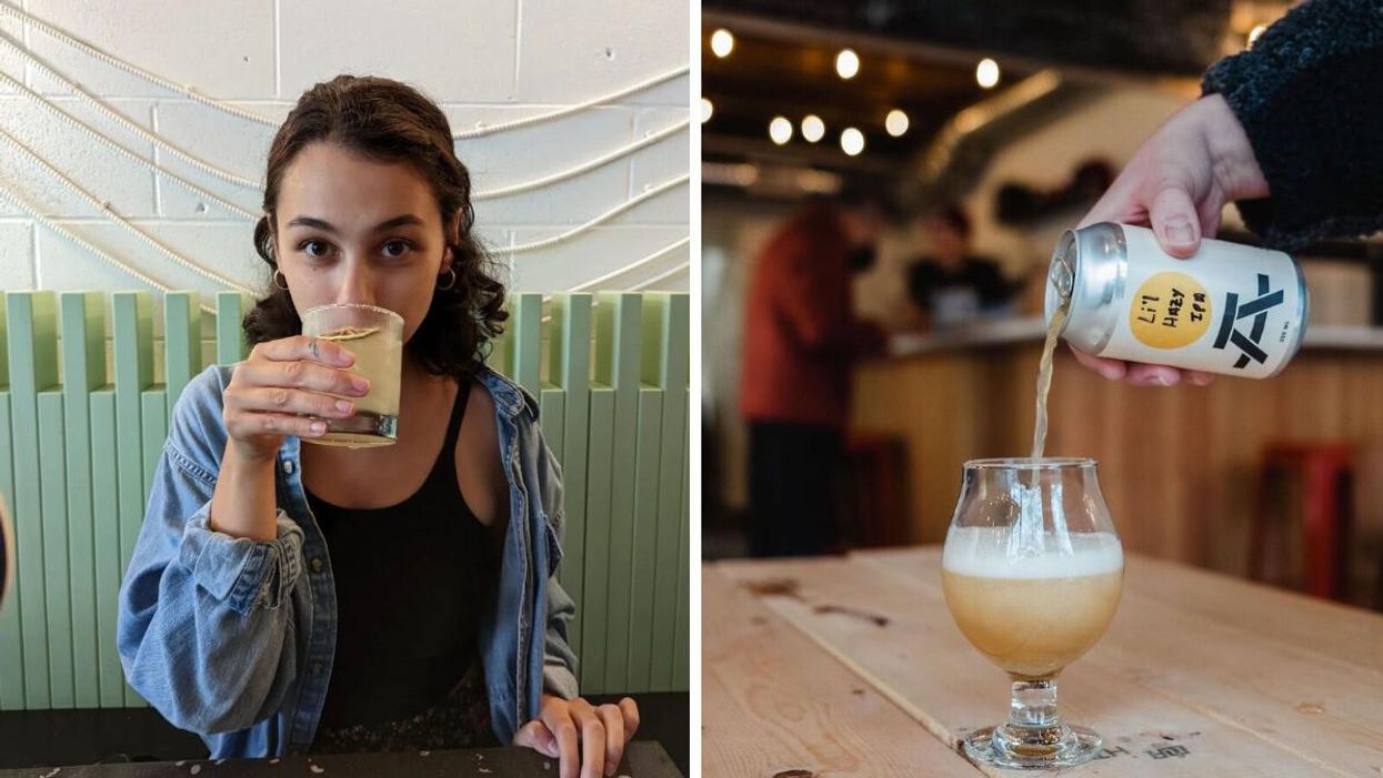 Someone drinking a margarita at Tacofino Vancouver. Right: beer at Brewing August.