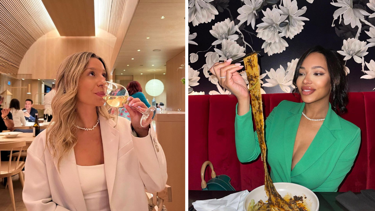Someone drinking wine at Prime Seafood Palace. Right: Someone eating four-belt noodles at Mimi Chinese.