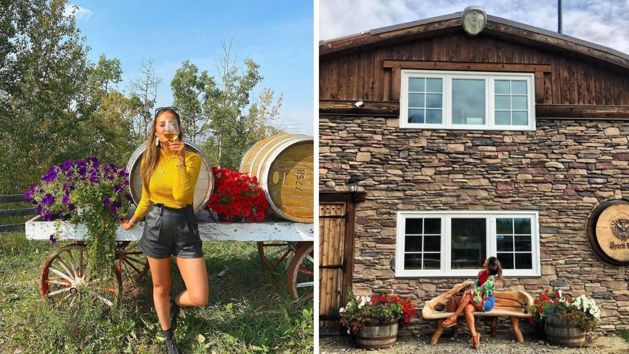 Someone drinking wine at Spirit Hills Winery. Right: Someone sat outside Spirit Hills Winery.