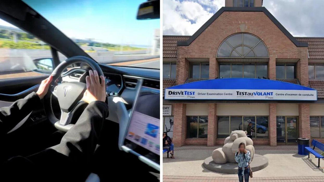 Someone driving a Tesla, Right: A test centre at Scarborough