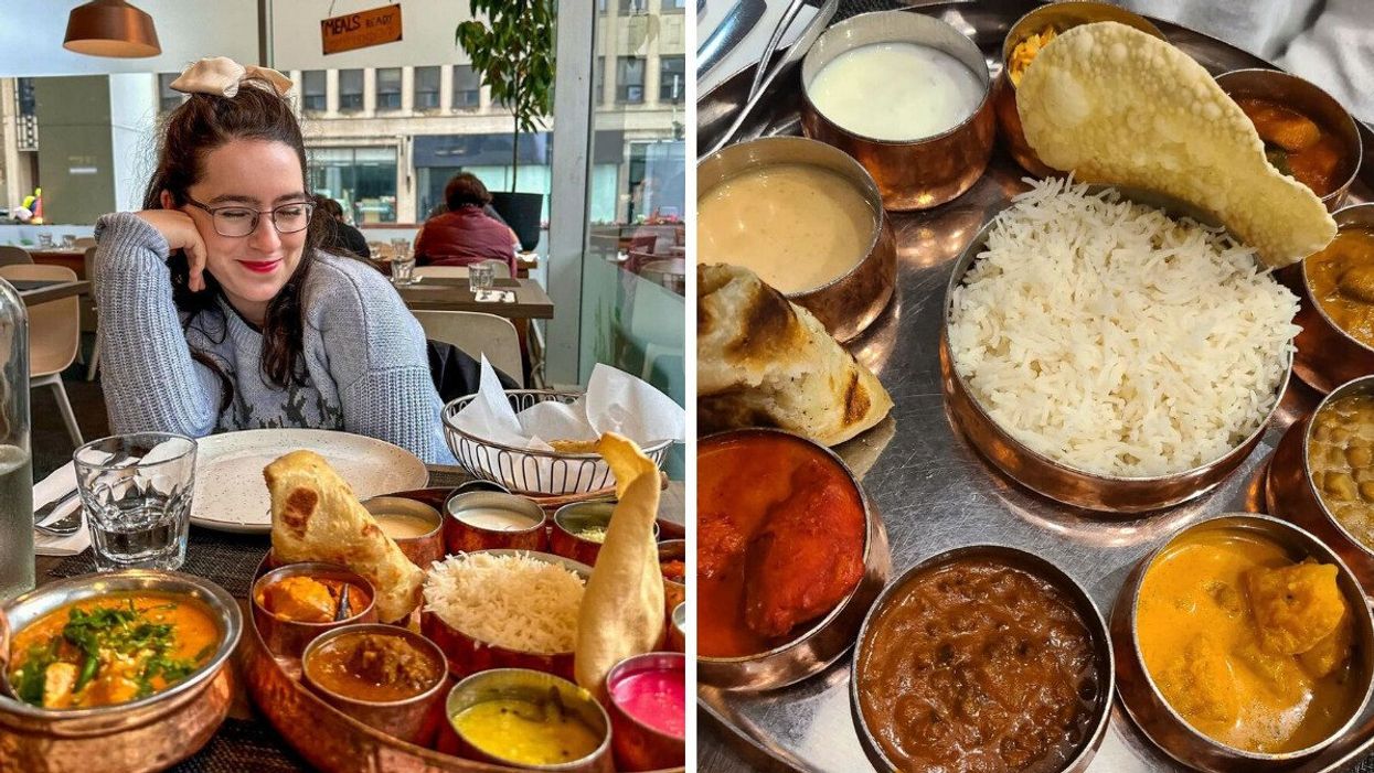 Someone eating at a restaurant in Ottawa. Right: Indian food on a plate.