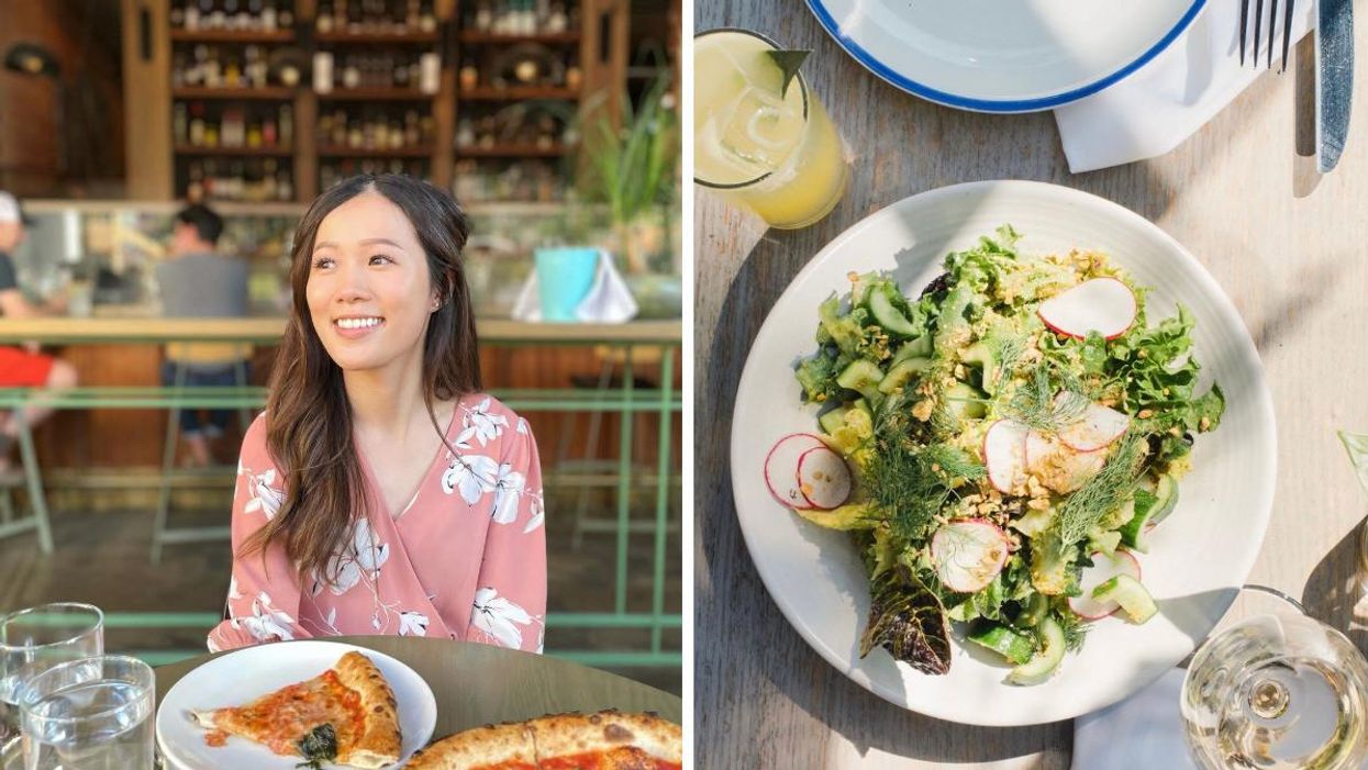 Someone eating at Bridgette Bar. Right: Food at Ten Foot Henry.