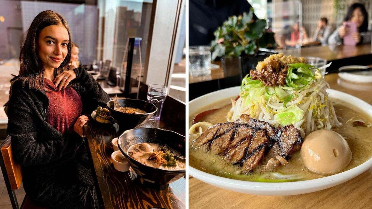 Someone eating at Jinya Ramen Bar. Right: Ramen dish at Shiki Menya.