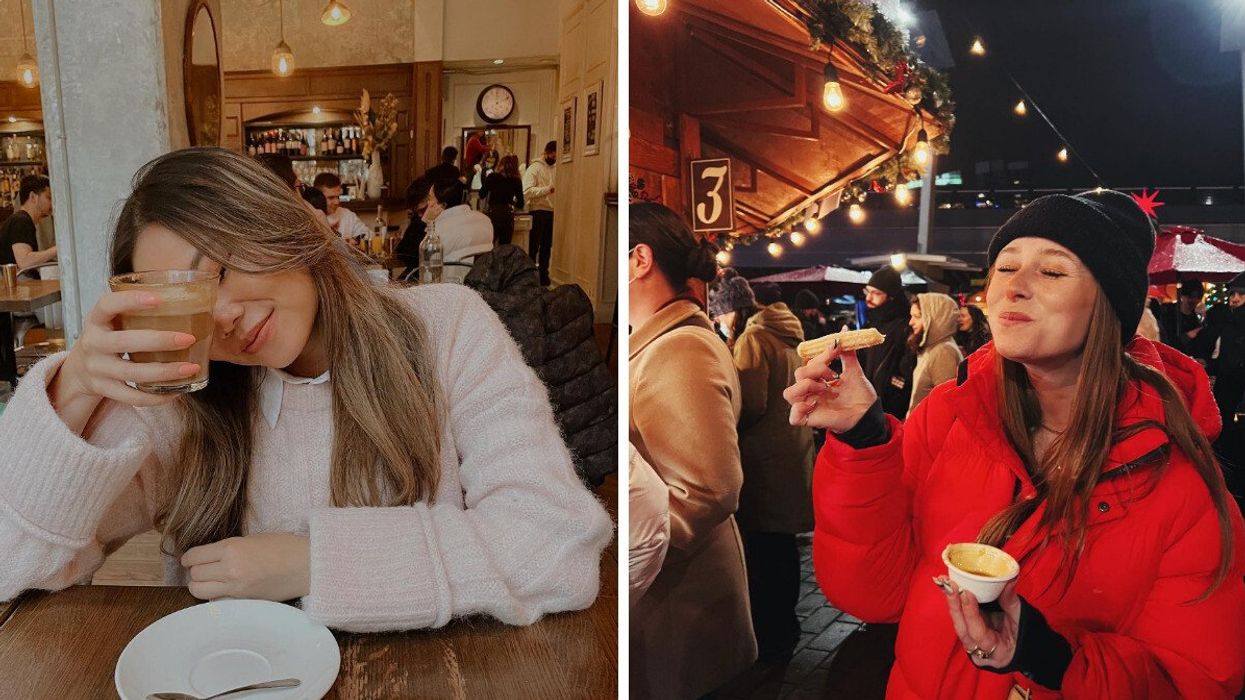 Someone eating at Medina Cafe in Vancouver, B.C. Right: A person at Vancouver Christmas Market.