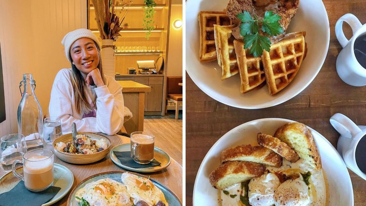 Someone eating brunch at Farm & Fire in Banff. Right: Brunch at Starbelly in Calgary.