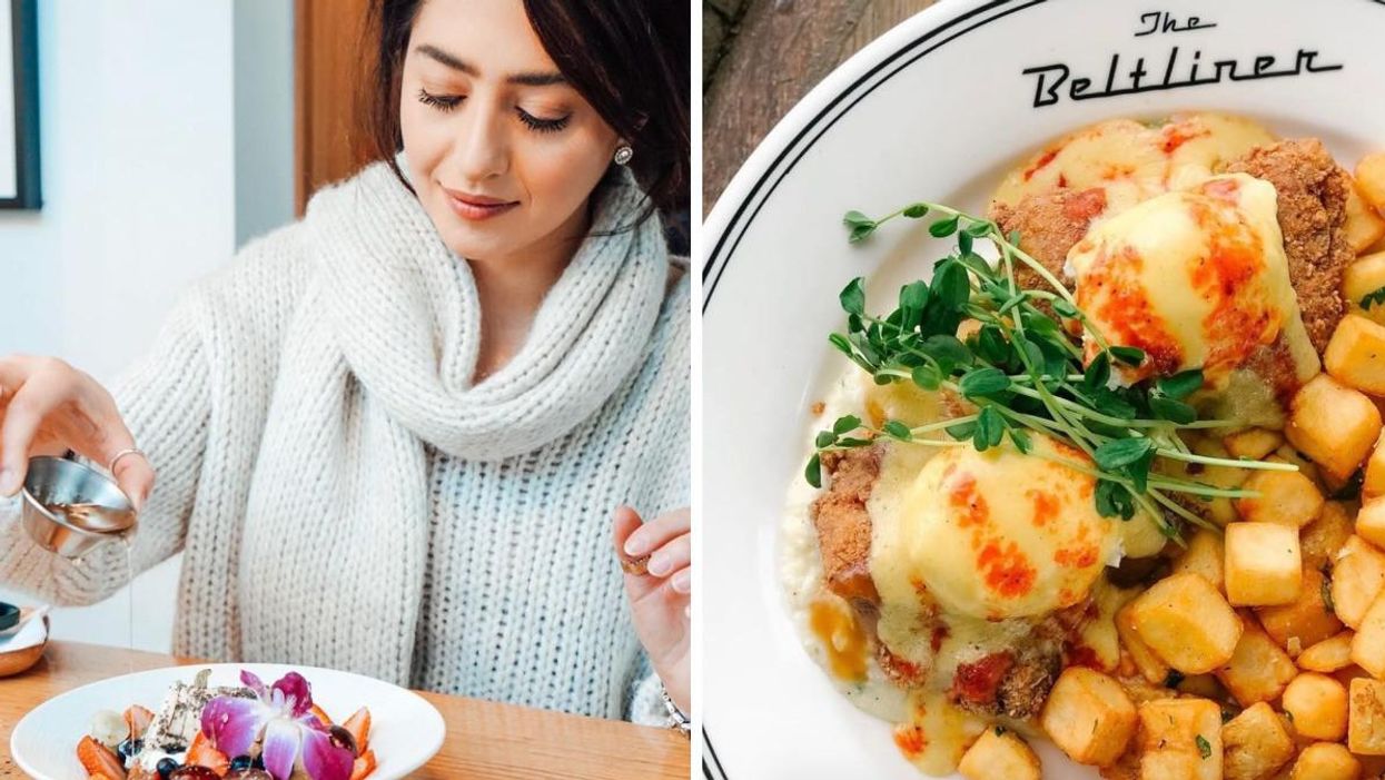 Someone eating brunch at ZCrew Cafe. Right: Brunch at The Beltliner