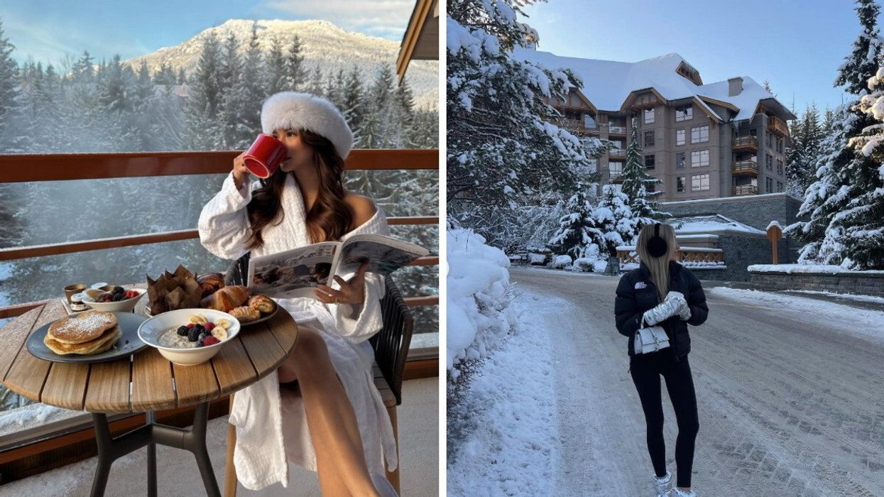 Someone eating on a balcony in the winter. Right: Person walking on a street.