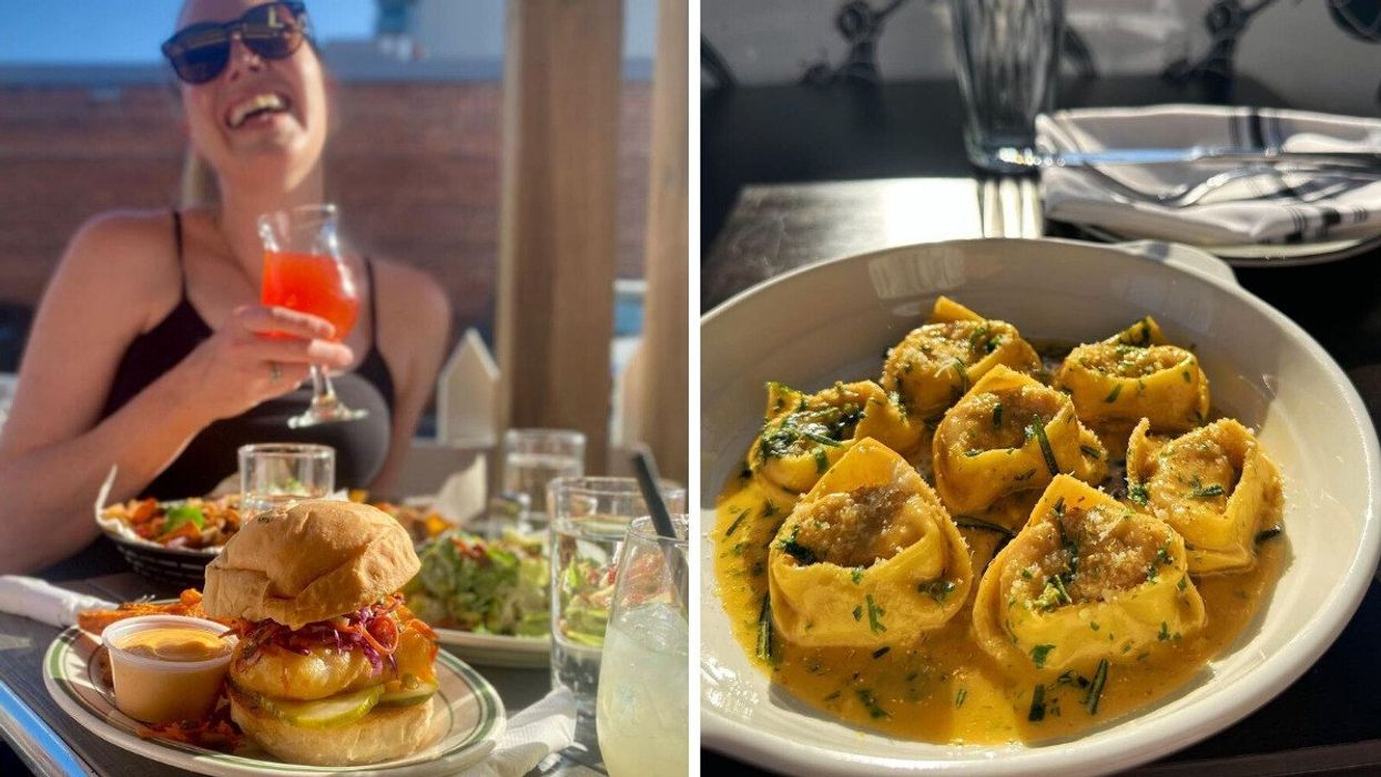 Someone eating on a patio. Right: Closeup of a pasta dish.