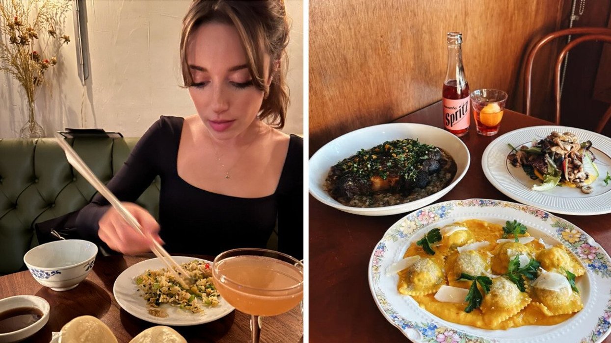 Someone eating. Right: A meal on a table at a restaurant.