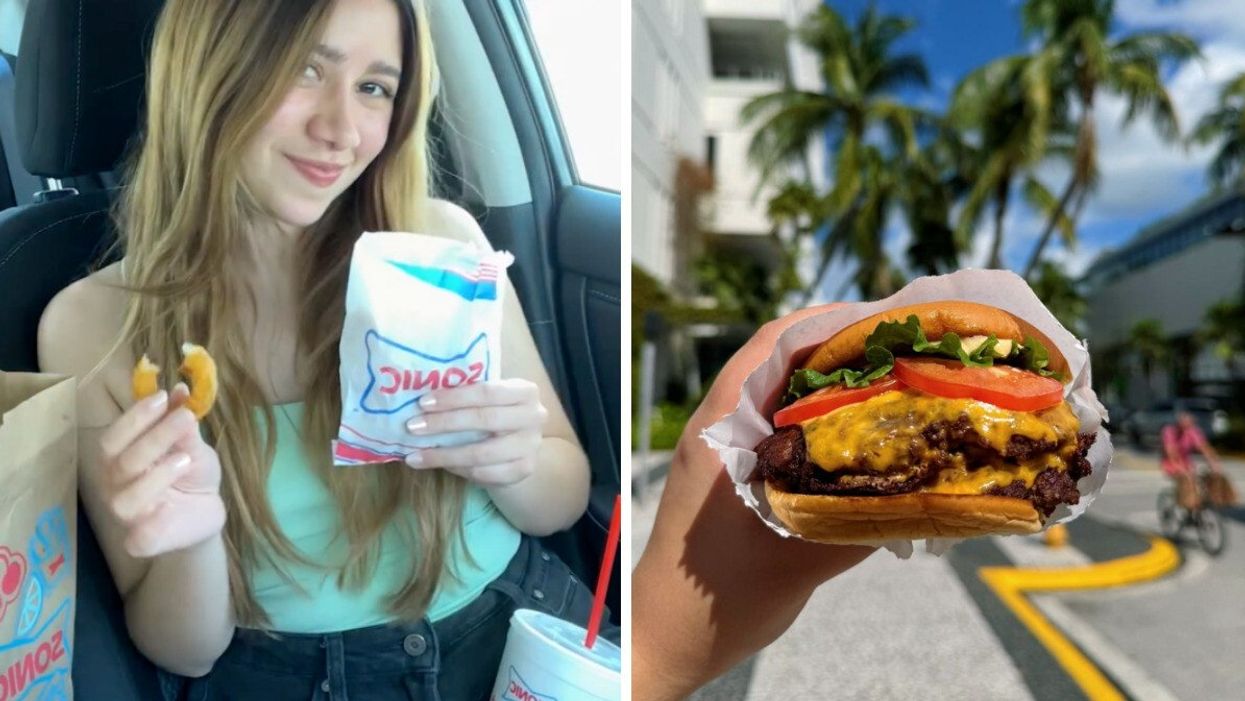 Someone eating Sonic Drive-In. Right: A Shake Shack burger.