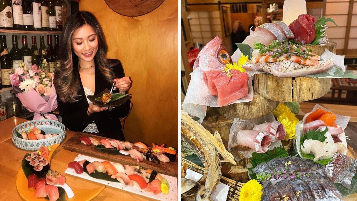 Someone eating sushi in Vancouver. Right: a sushi platter at Octopus' Garden, Vancouver.