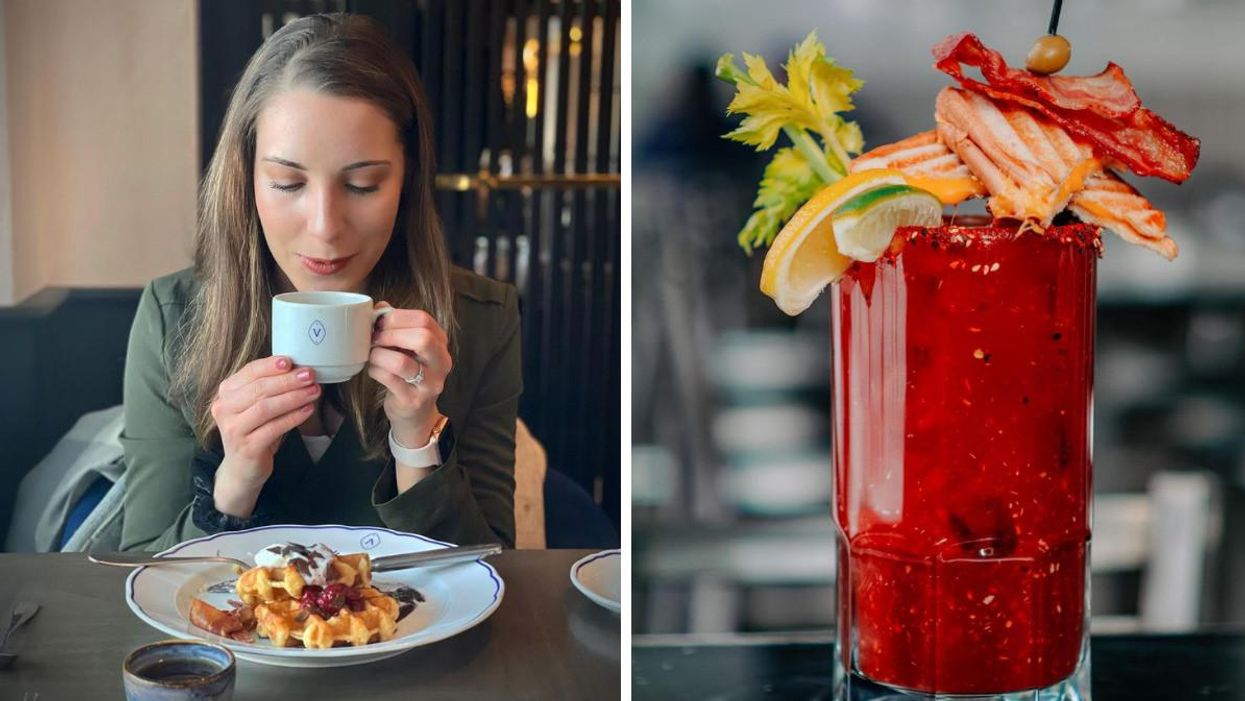 Someone enjoying brunch at The Vermillion Room. Right: "The Cure" Caesar at Blake.