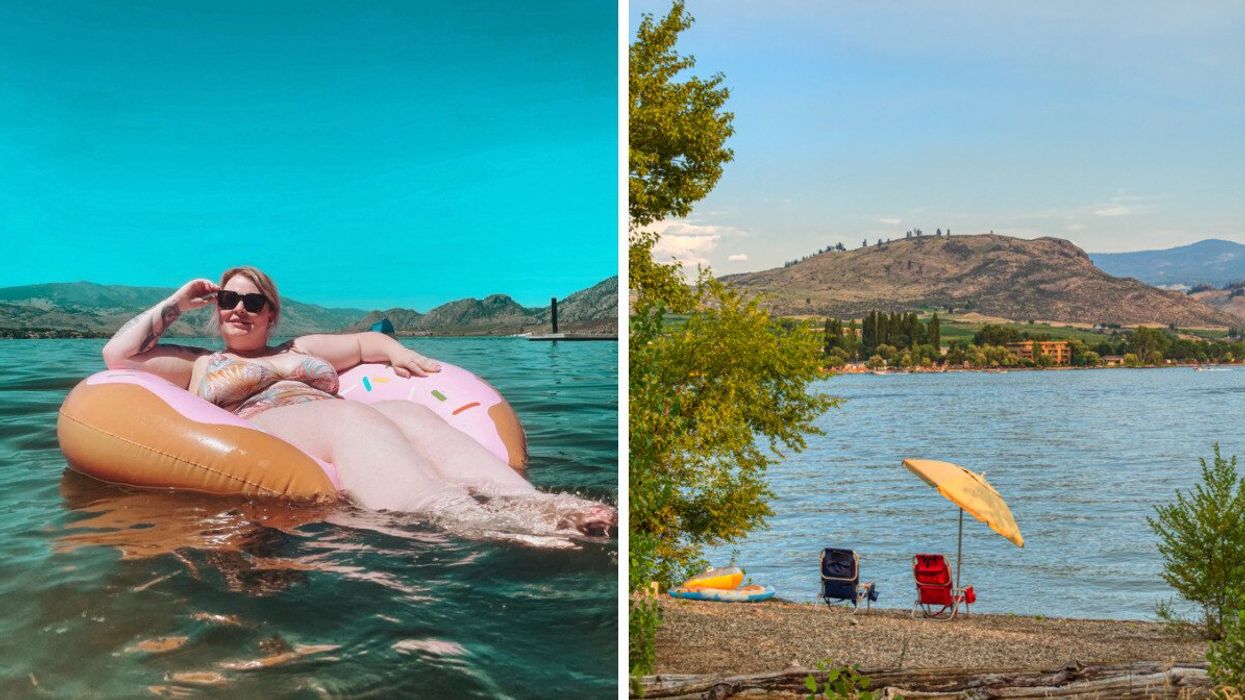 Someone floating in the water. Right: A beachside with chairs.