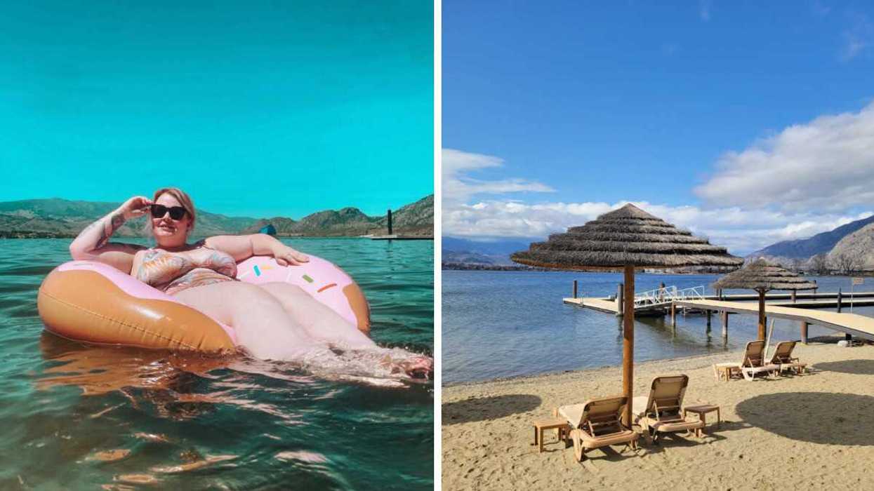 Someone floating in the water. Right: A beachside with chairs.