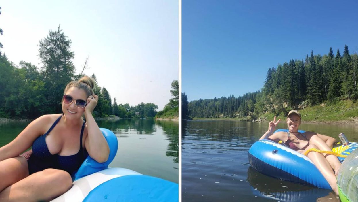 Someone floating on the Elbow River in Calgary. Right: Floating on McLeod River.