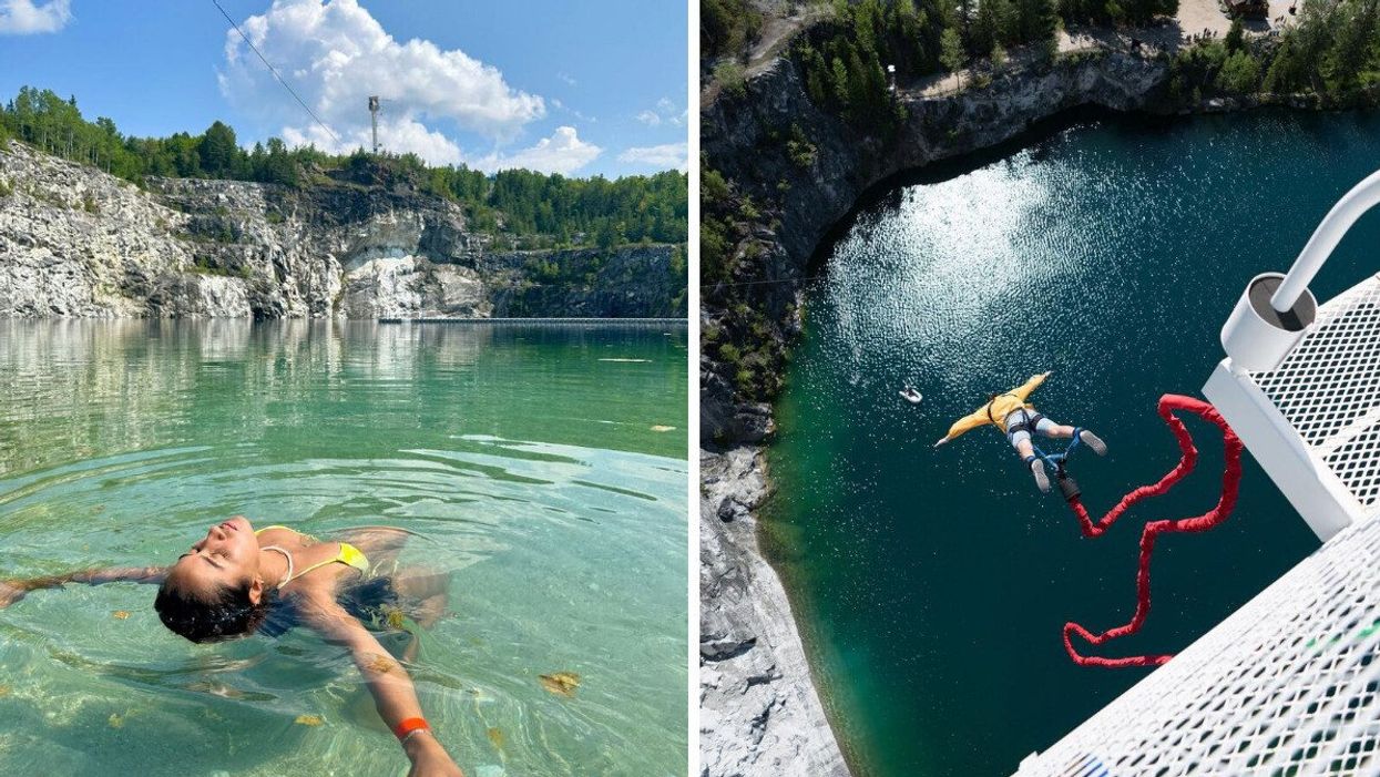 Someone floating on their back in turquoise water. Right: Someone bungee jumping over turquoise water.