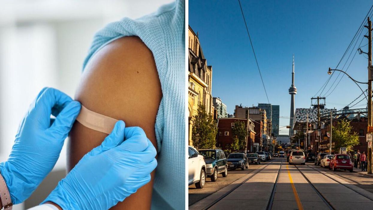 Someone getting a shot. Right: The city of Toronto in fall.