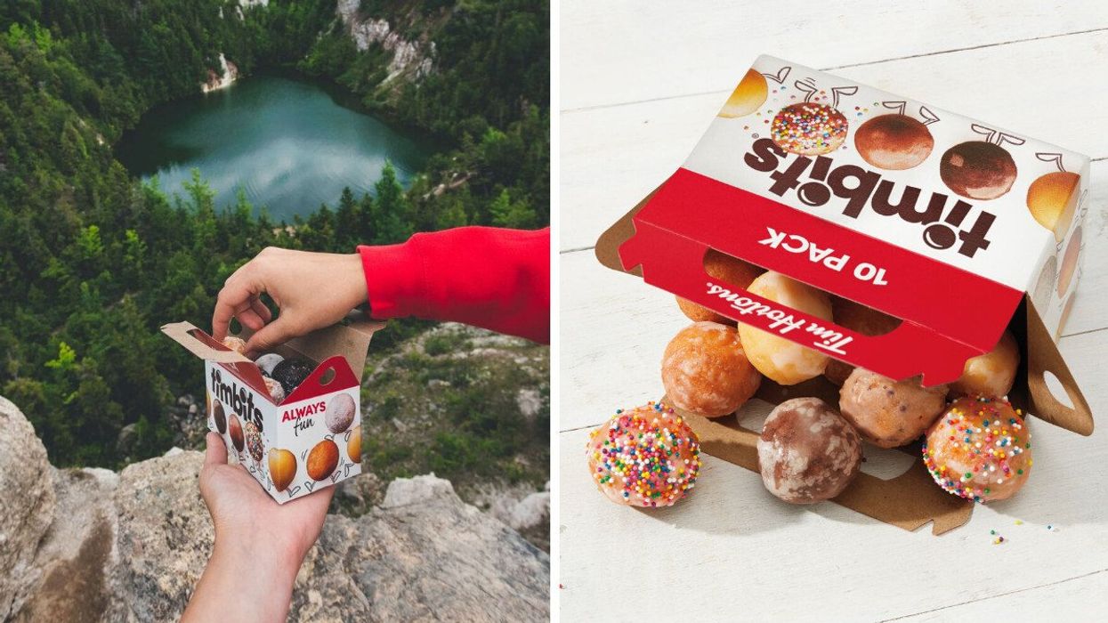 Someone grabbing a Timbit from a box. Right: Box of Timbits with Birthday Cake and Chocolate Glazed flavours.