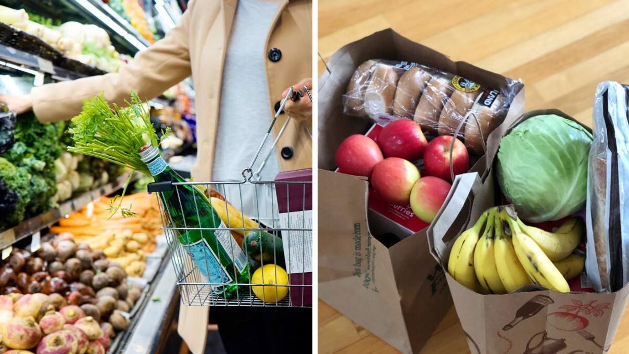 Someone grocery shopping. Right: Bags of groceries.