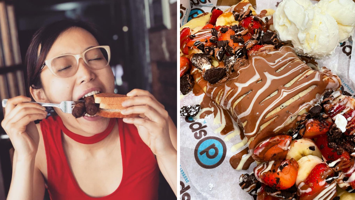 Someone having a meal at 7 West Cafe in Toronto. Right: A dish at D Spot Dessert Cafe in Toronto