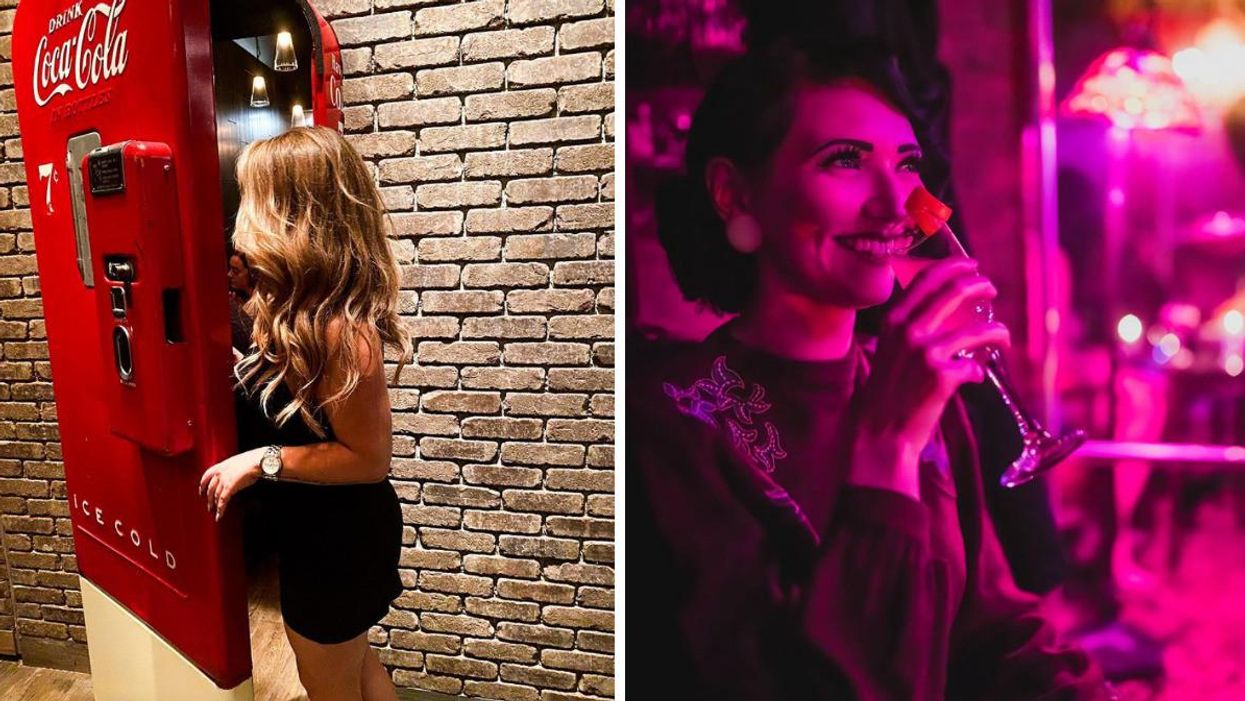 Someone heading through the secret entrance to Ajito. Right: Someone enjoying drinks at Betty Lou's Library.