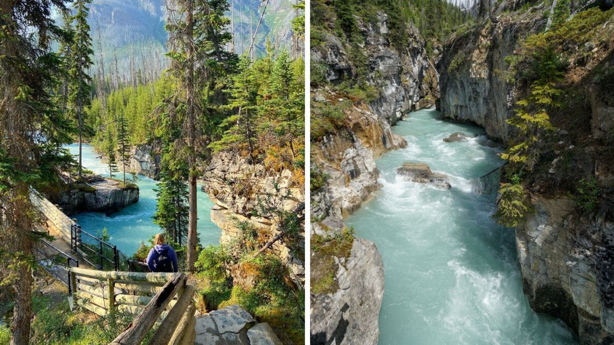 Someone hiking alongside a blue river. Right: A gorge.