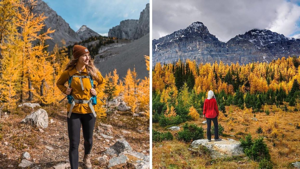 Someone hiking at Chester Lake. Right: Someone at Larch Valley.