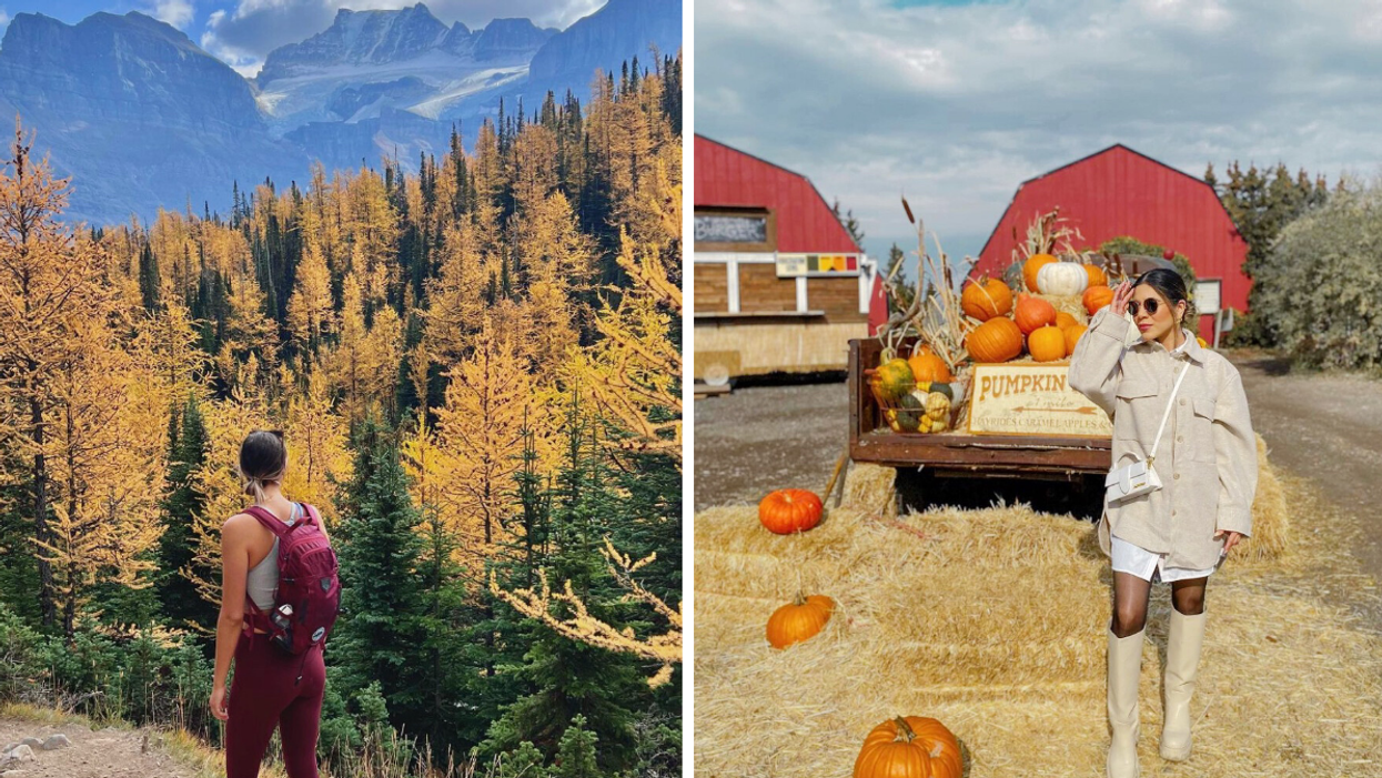 Someone hiking in Larch Valley. Right: Someone at Saskatoon Farm.