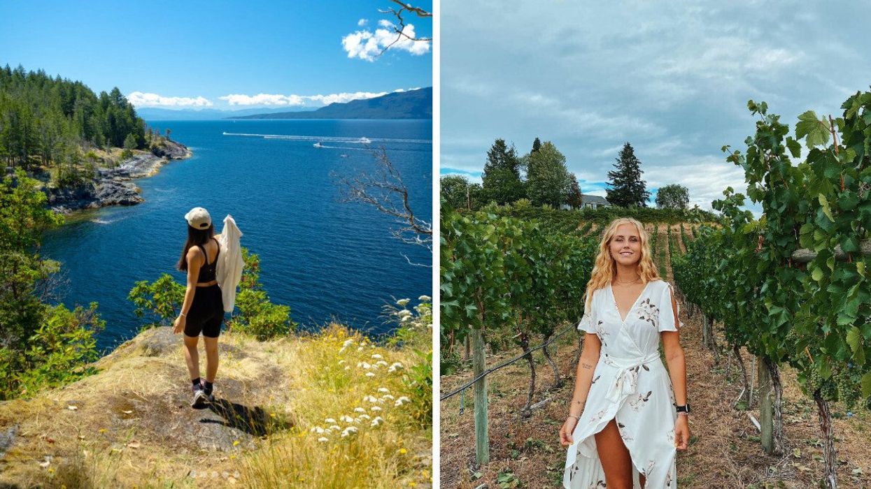 Someone hiking near the ocean. Right: A person walking in a vineyard.