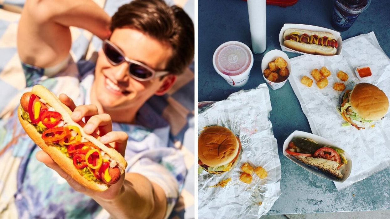 Someone holding a 7-Eleven hotdog. Right: A meal from Sonic Drive-In.