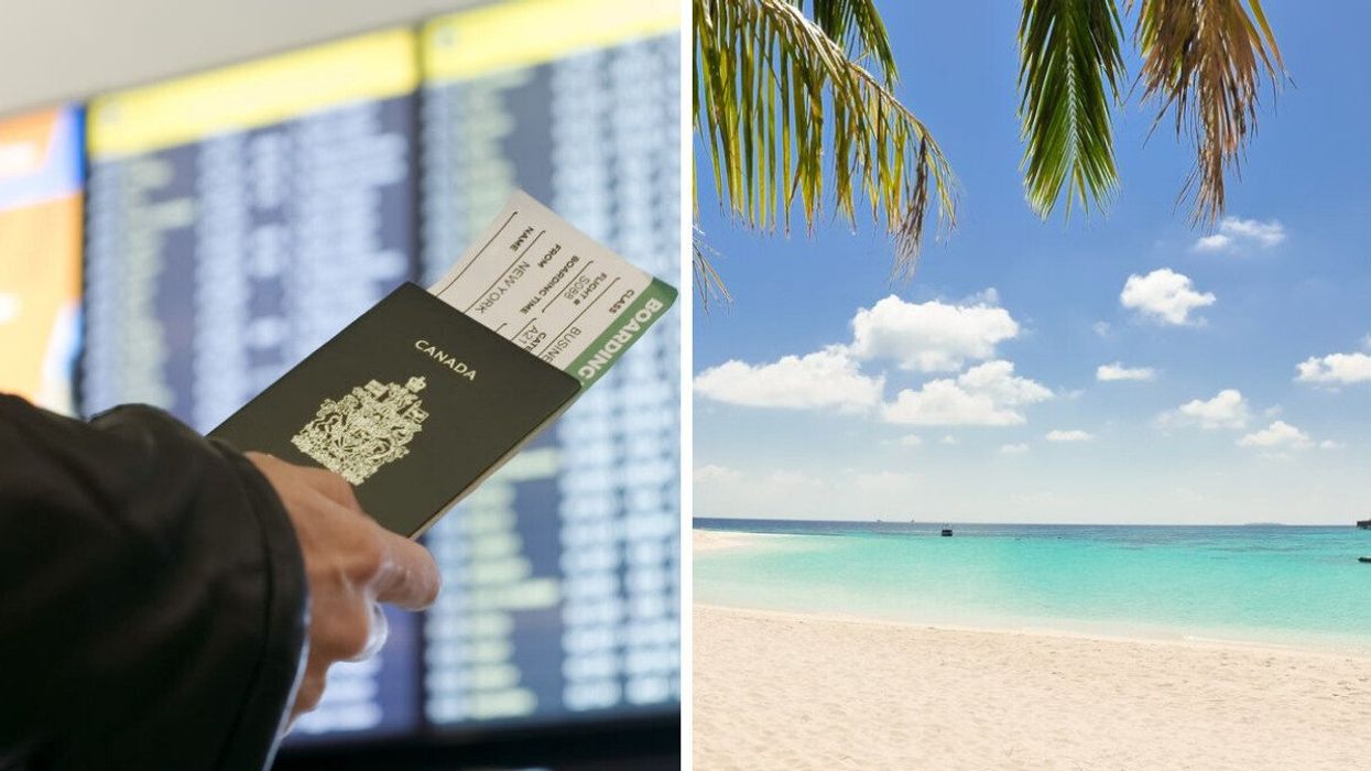Someone holding a boarding pass. Right: A beach