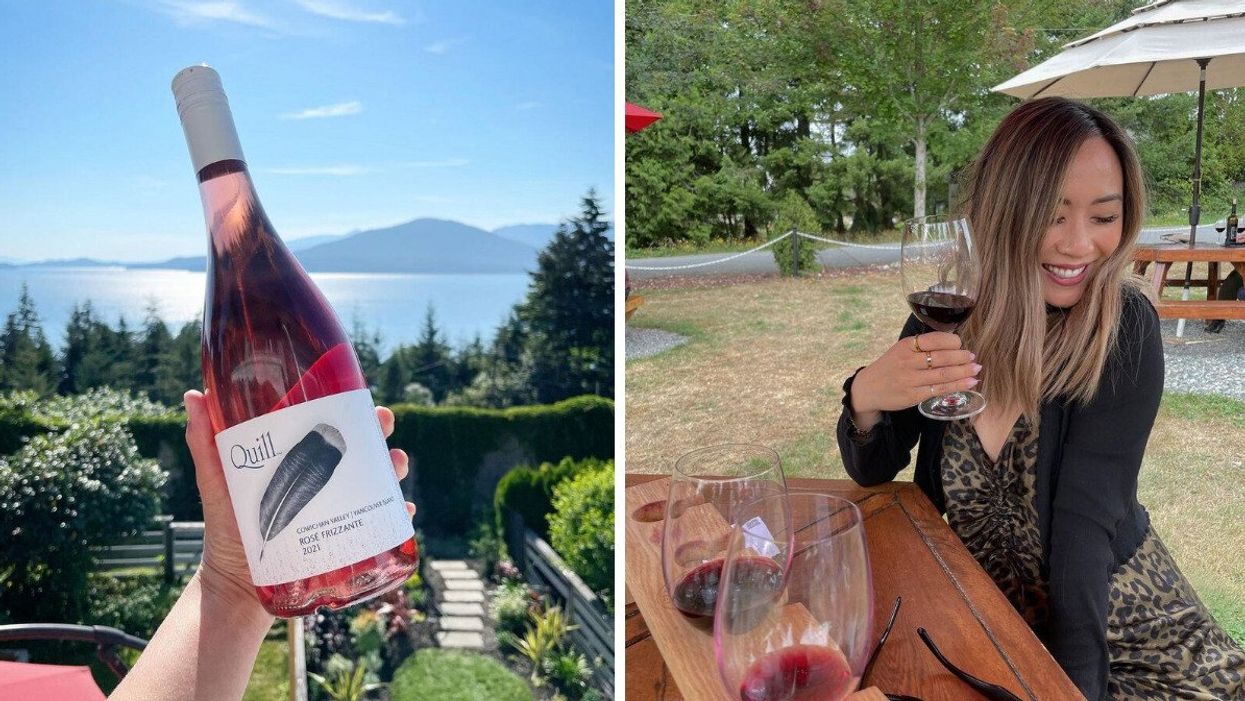 Someone holding a bottle of wine at Blue Grouse Estate Winery in B.C. Right: Someone drinking at Chaberton Estate Winery.