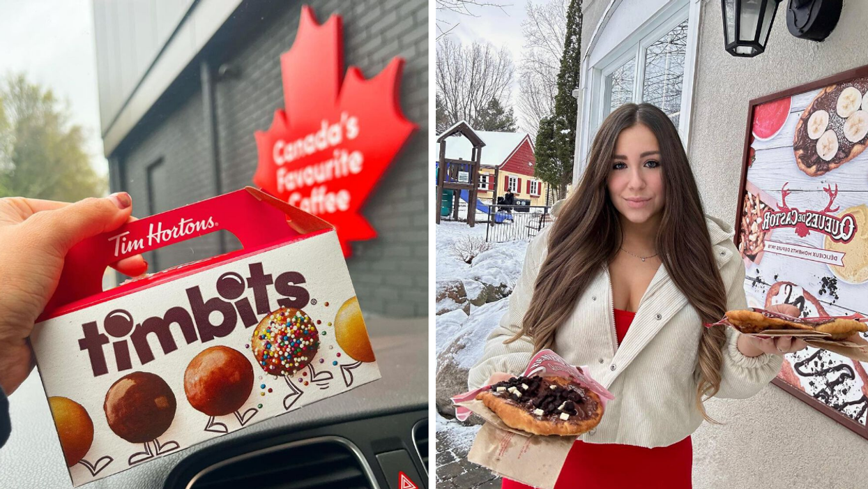 Someone holding a box of Timbits. Right: A woman holding two beaver tails.