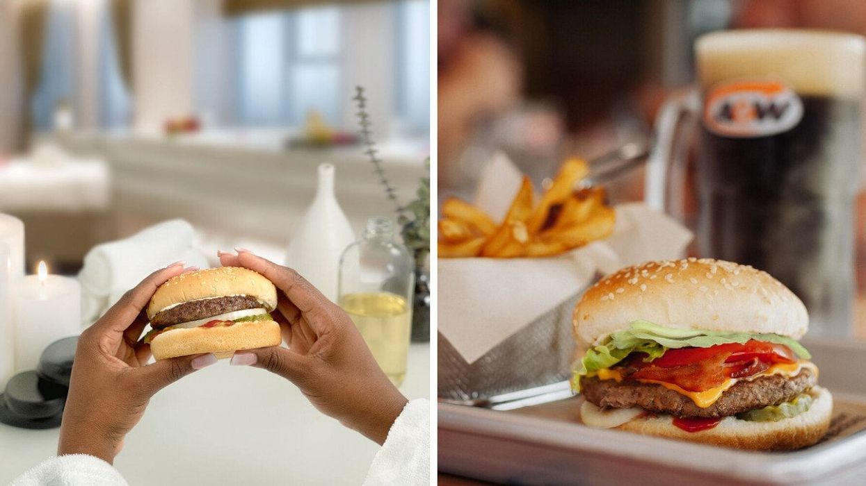 Someone holding a burger. Right: A A&W burger.