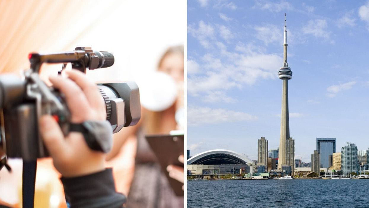 Someone holding a camera. Right: The Toronto skyline (illustrative).