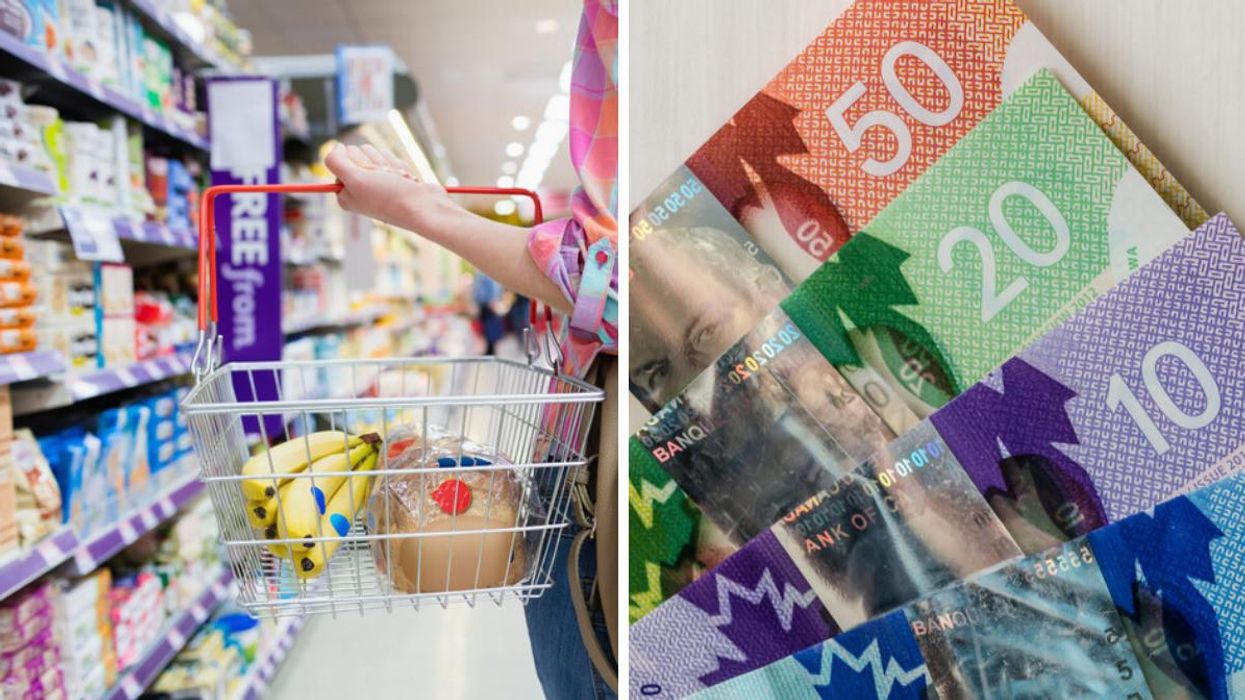 Someone holding a grocery basket shopping. Right: Canadian money.