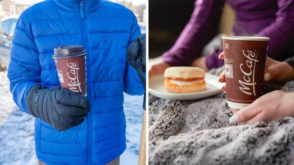 Someone holding a McCafe drink. Right: A McCafe drink and an Egg McMuffin.