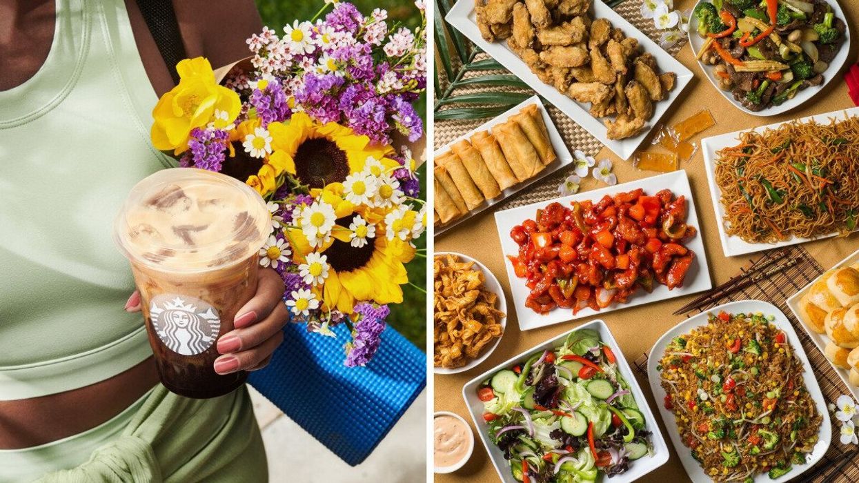 Someone holding a Starbucks coffee. Right: A selection of dishes at a Mandarin restaurant
