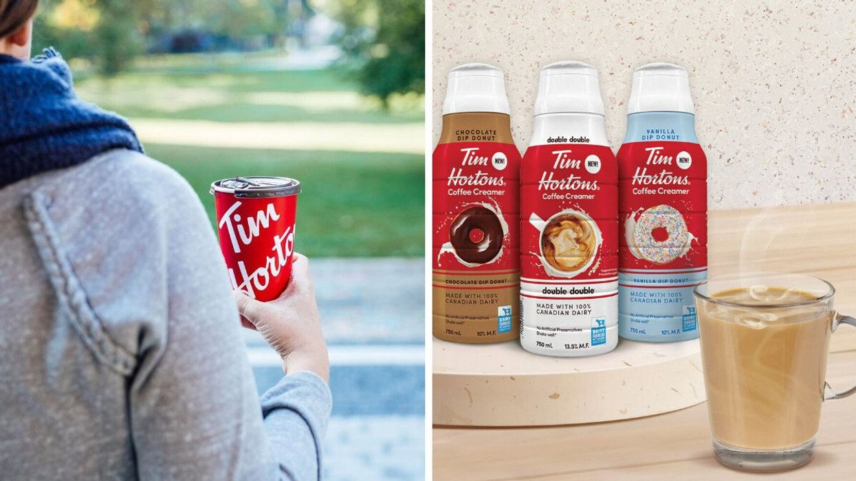 Someone holding a Tim Hortons coffee. Right: The Tim Hortons Coffee Creamers.