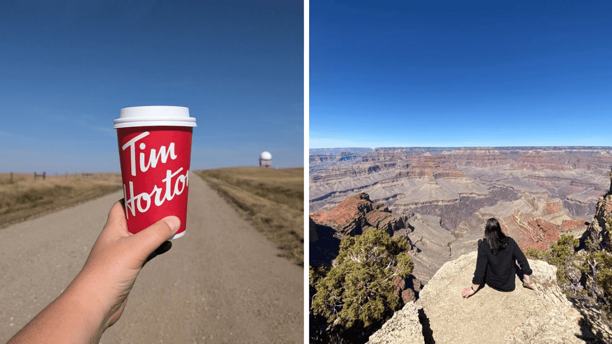 Someone holding a Tim Hortons cup. Right: A person on a hike.