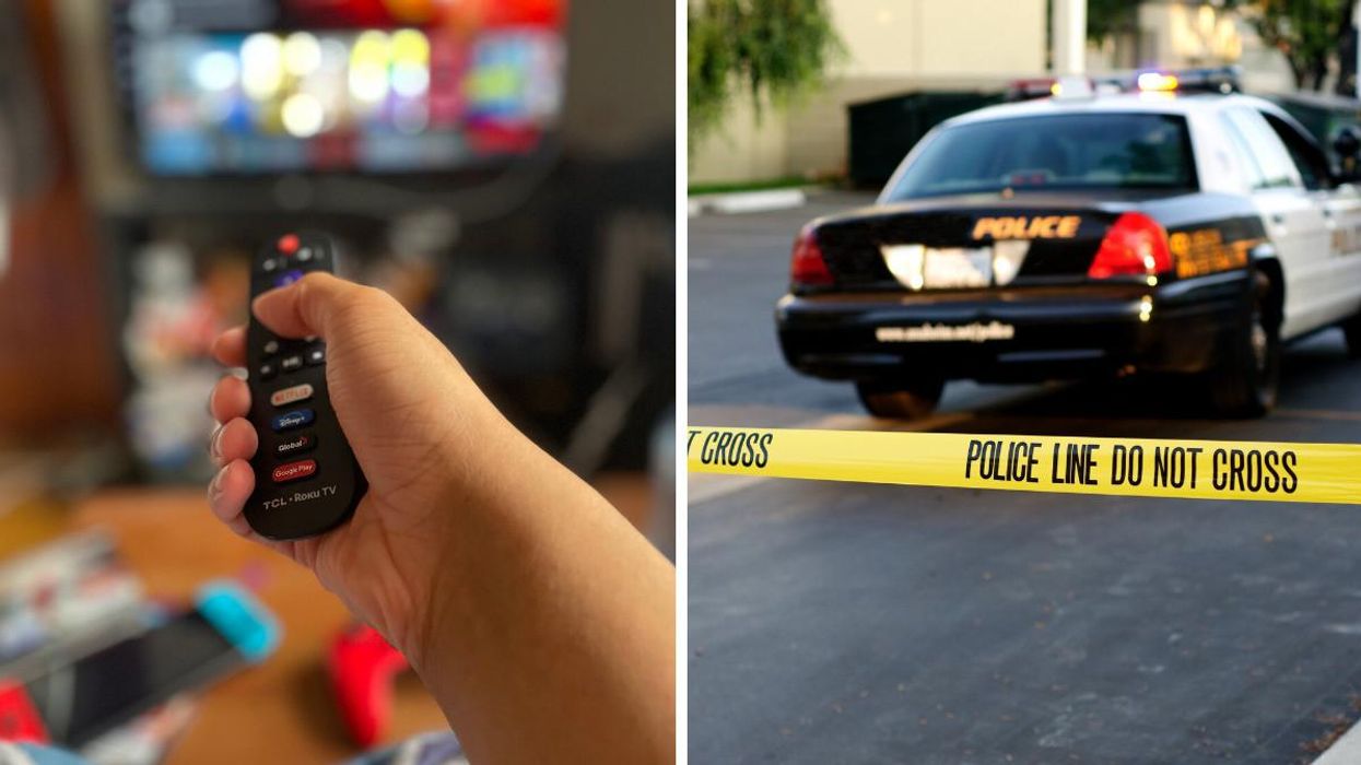 Someone holding a TV remote. Right: Police caution tape at a crime scene.
