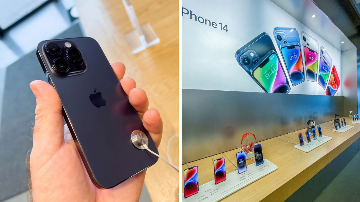 Someone holding an iPhone 14. Right: iPhone 14's at an Apple Store in New York City.