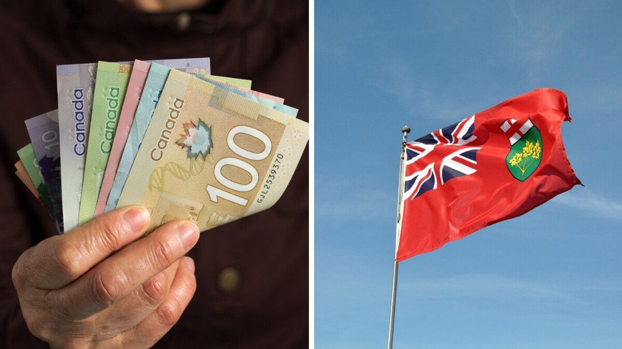 Someone holding Canadian banknotes. Right: The Ontario flag against a blue sky.