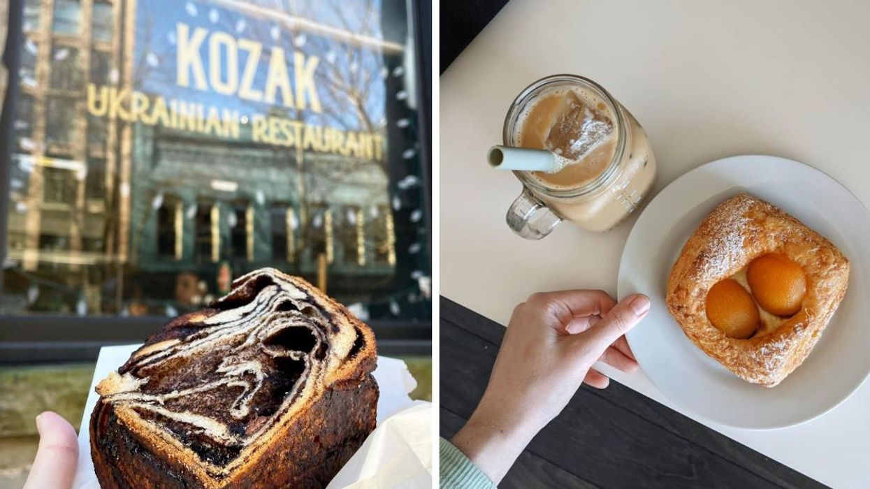 Someone holding fresh bread at Kozak Ukrainian Restaurant, right, a hand holding a plate with a Ukrainian pastry.