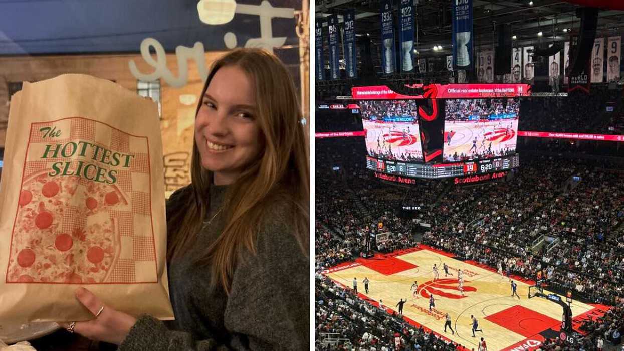 Someone holding pizza. Right: A basketball game in Toronto.