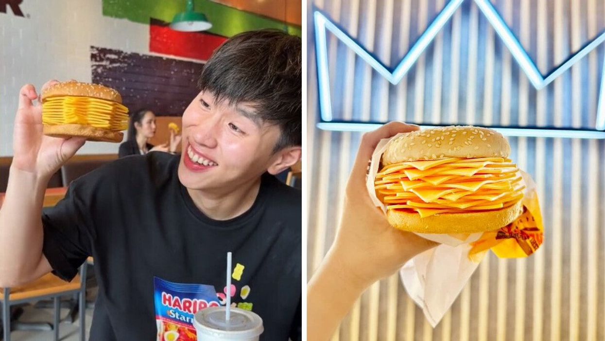 Someone holding the Real Cheeseburger. Right: The Real Cheeseburger.