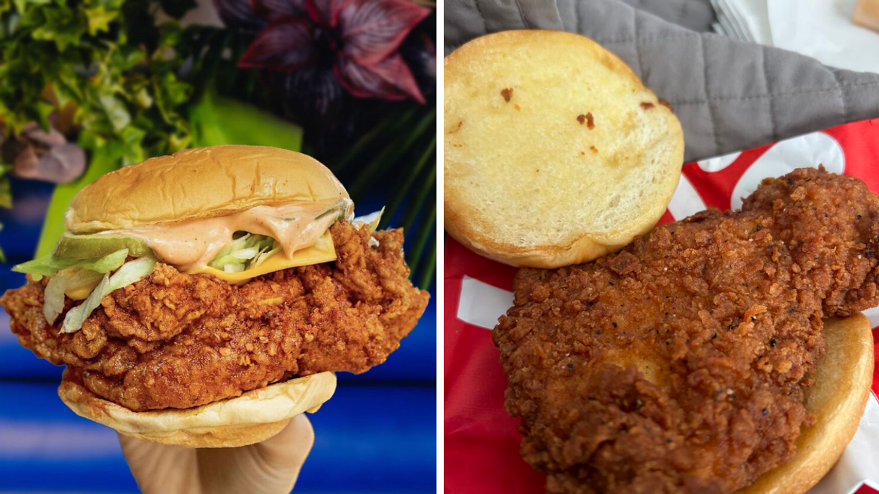 Someone holding up a fully dressed crispy chicken sandwich. Right: An open-faced chicken sandwich with no toppings.