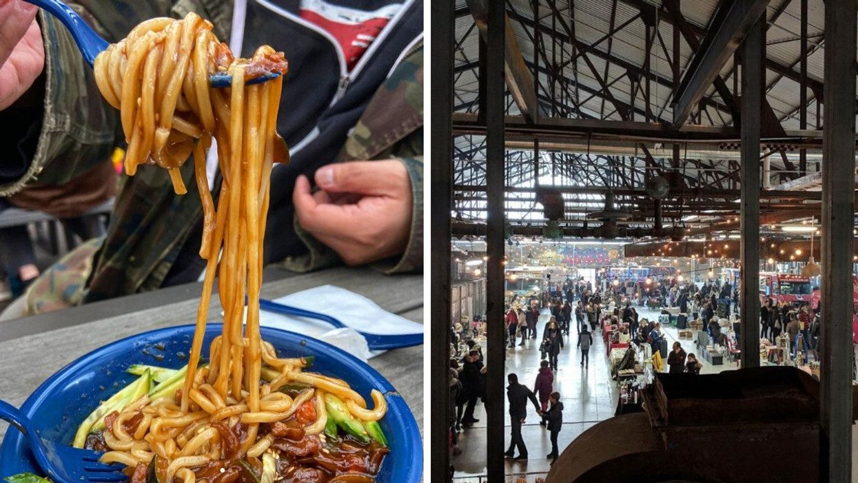 Someone holds up a forkful of saucy noodles. Right: A large event space full of vendor tables and shoppers.